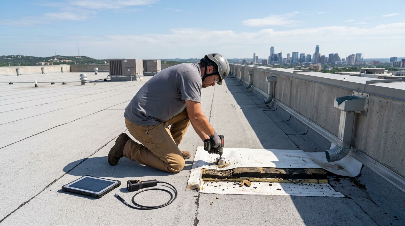 Roofer taking a core sample on a flat commercial roof during an inspection