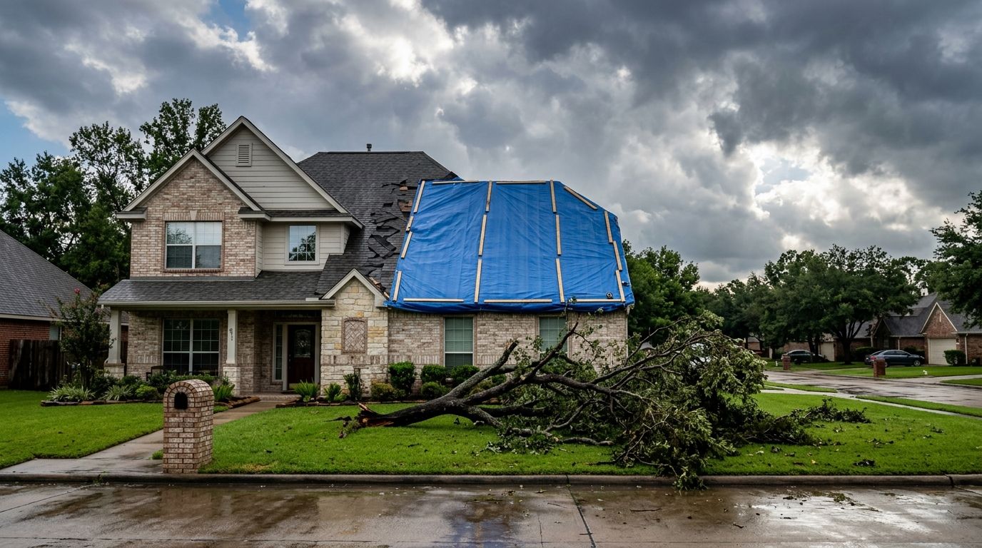 Blue tarp anchored over a storm-damaged roof with a fallen oak limb in the yard