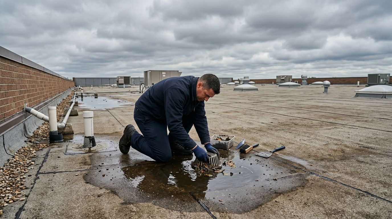 Roofer clearing a clogged drain on a flat commercial roof with ponding water