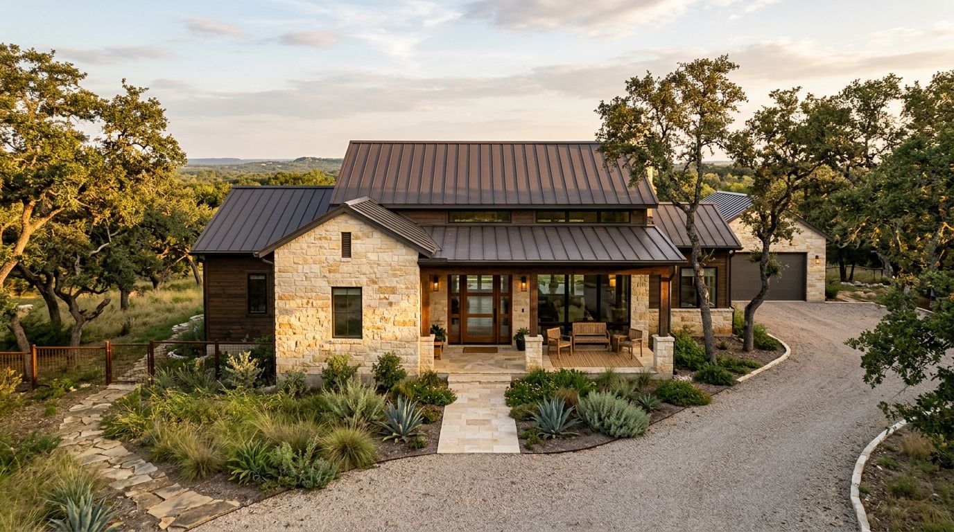 Texas ranch-style home with a dark standing seam metal roof and limestone walls