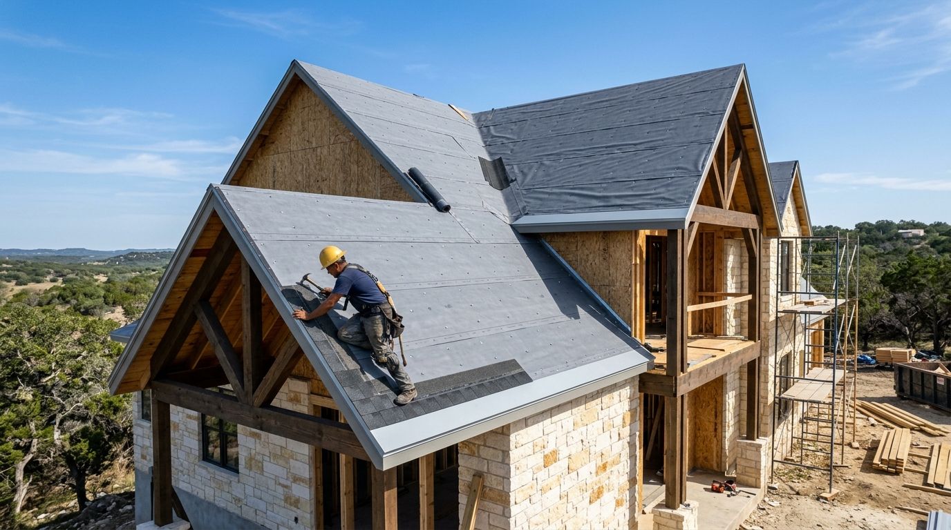 New custom home under construction with synthetic underlayment and shingles going on