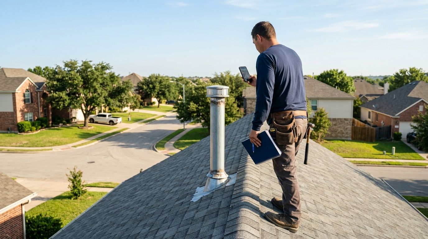 Roofer photographing a vent flashing during a residential roof inspection