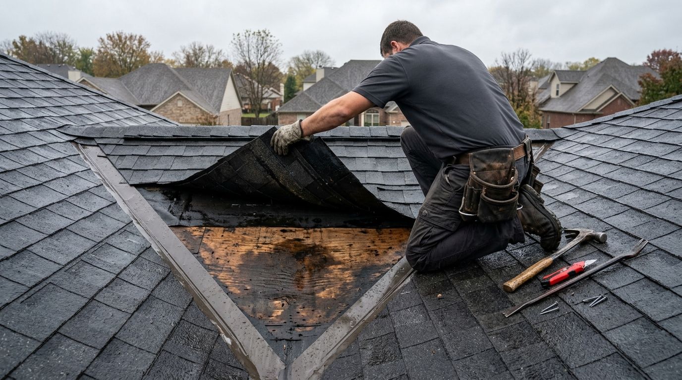 Roofer lifting shingles at a valley to trace a roof leak