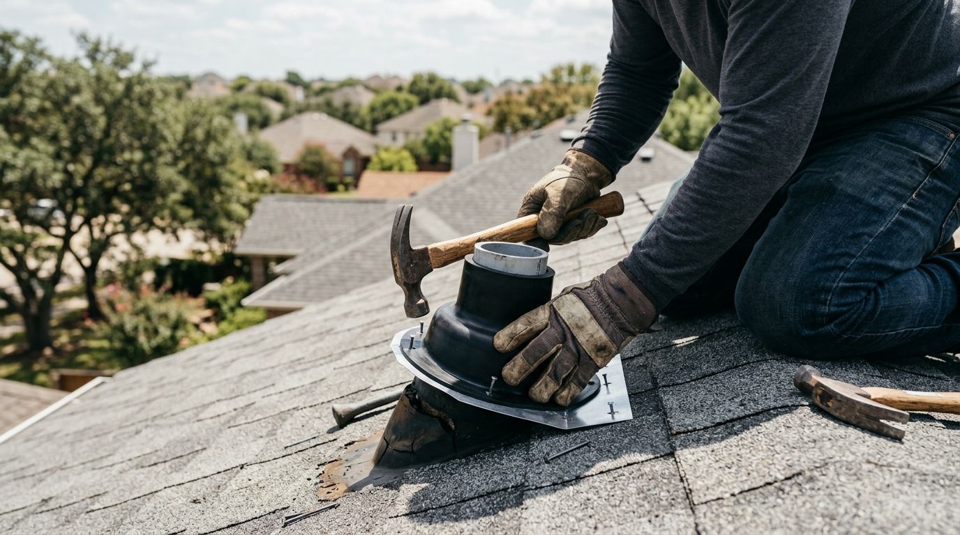 Roofer replacing a cracked pipe boot on an architectural shingle roof in Central Texas