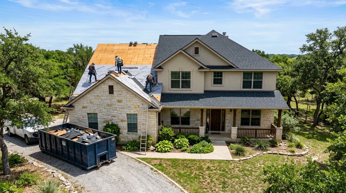 Two-story Central Texas home mid roof replacement with new shingles going on and a dumpster in the driveway