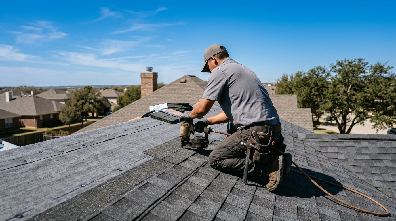 Roofer nailing charcoal architectural shingles over synthetic underlayment