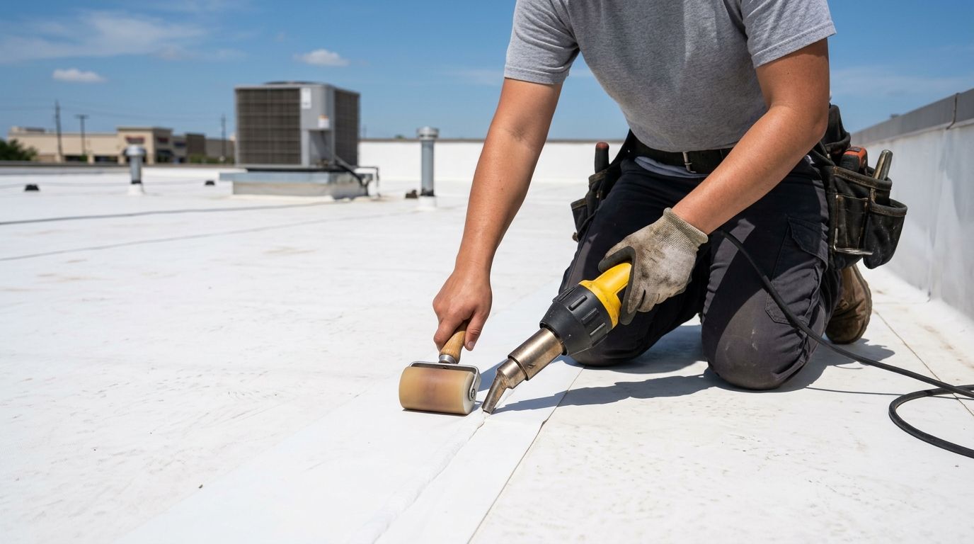 Roofer heat-welding a seam on a white TPO membrane