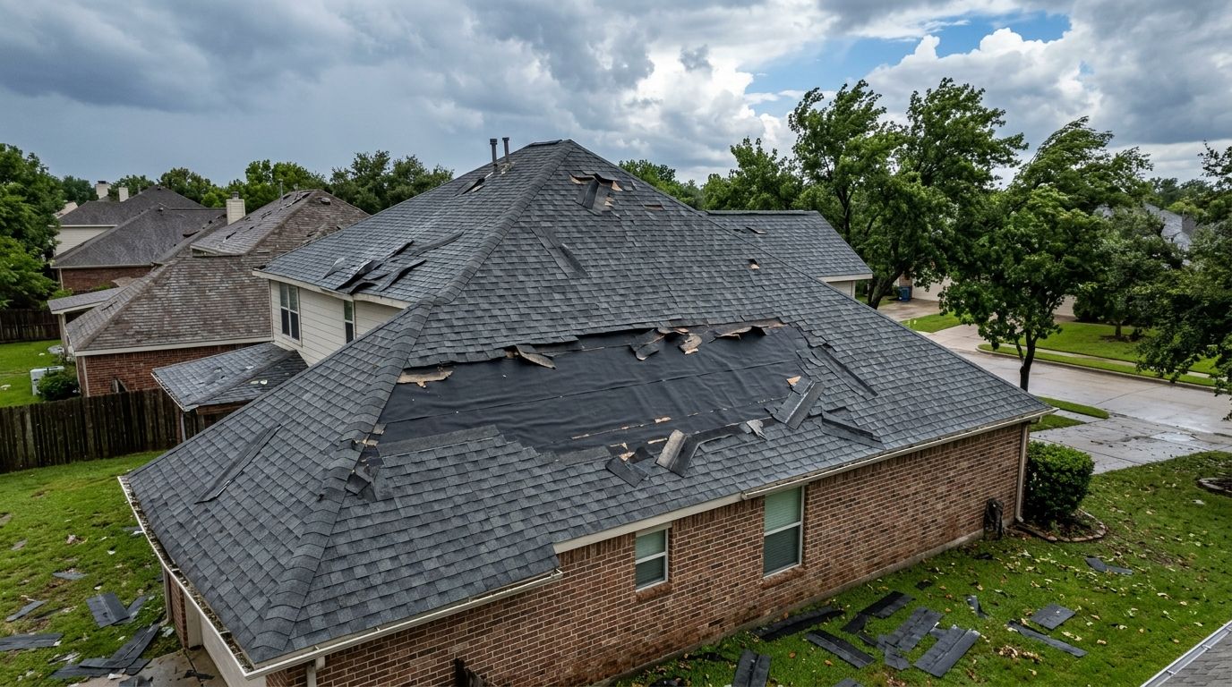 Shingle roof with wind-lifted and missing shingles after a storm